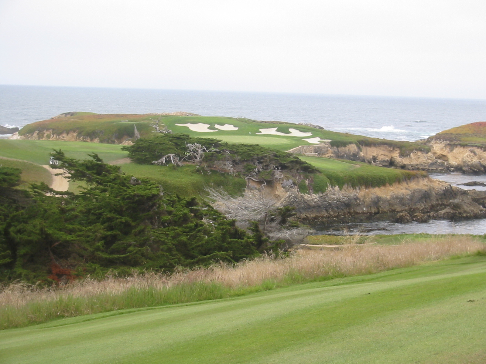 Looking from the Cypress Point clubhouse across the cove to the 16th green, with cypress trees, cliffs, and the Pacific Ocean, Pebble Beach, California