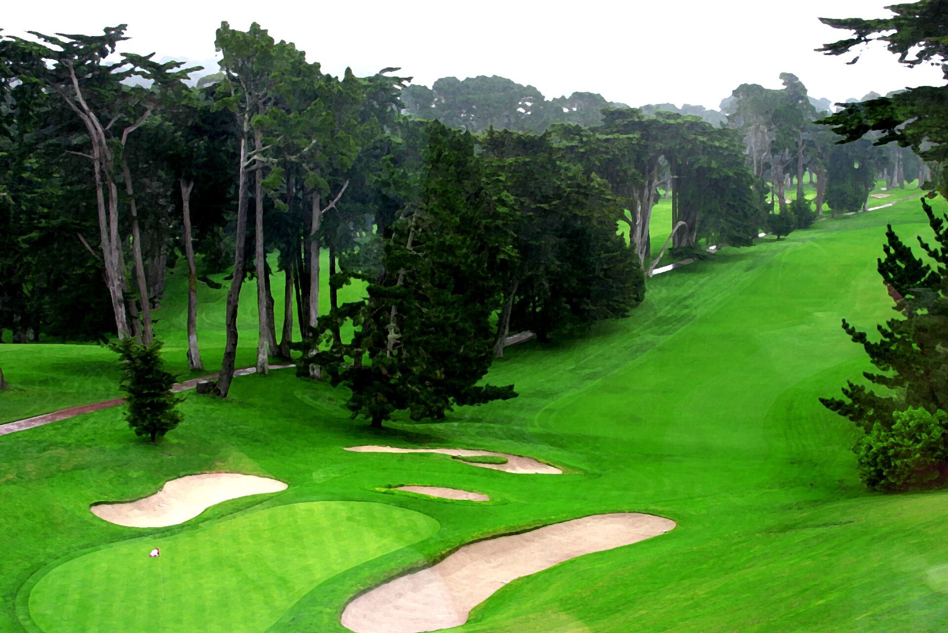 A green guarded by bunkers on the Lake Course at The Olympic Club in San Francisco, beneath towering cypress trees