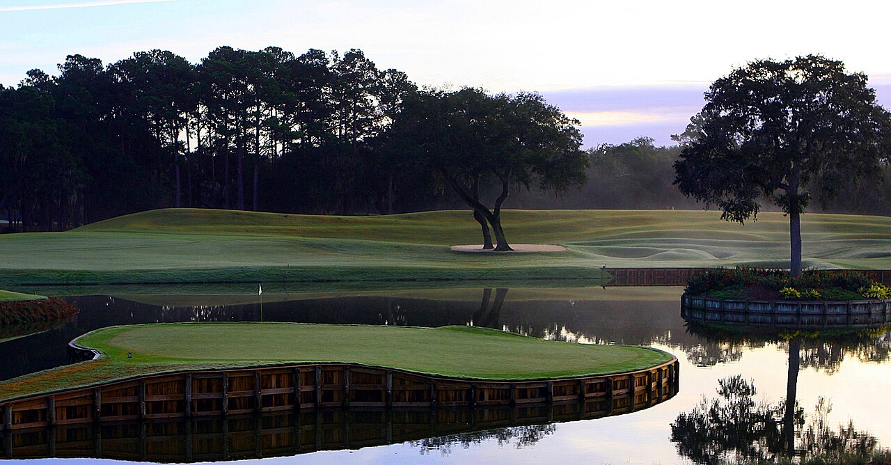 The island green 17th hole at the TPC Sawgrass Stadium Course at dawn in Ponte Vedra Beach, Florida