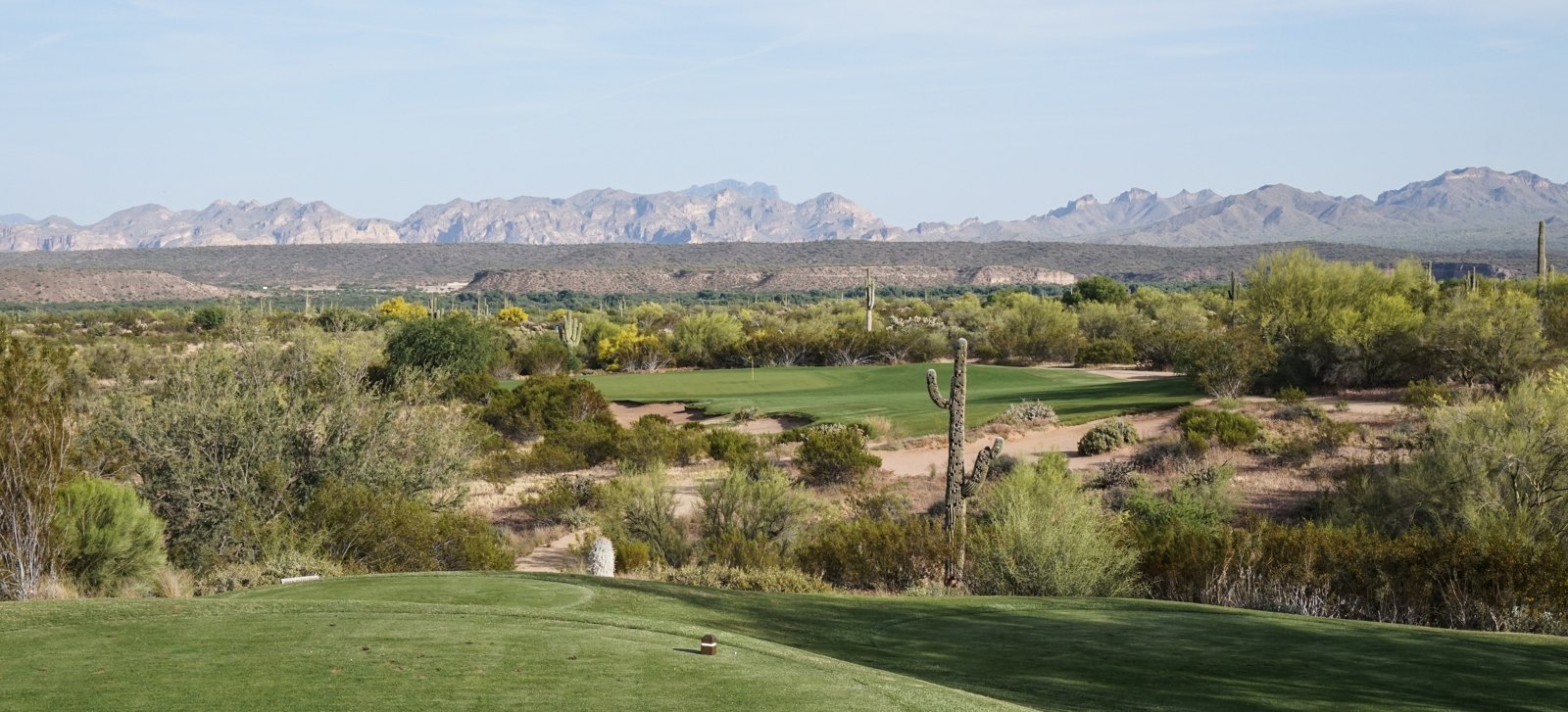 The par-3 15th hole at We-Ko-Pa's Saguaro Course in Fort McDowell, Arizona - a tee view across desert scrub to the green, with the Superstition Mountains behind