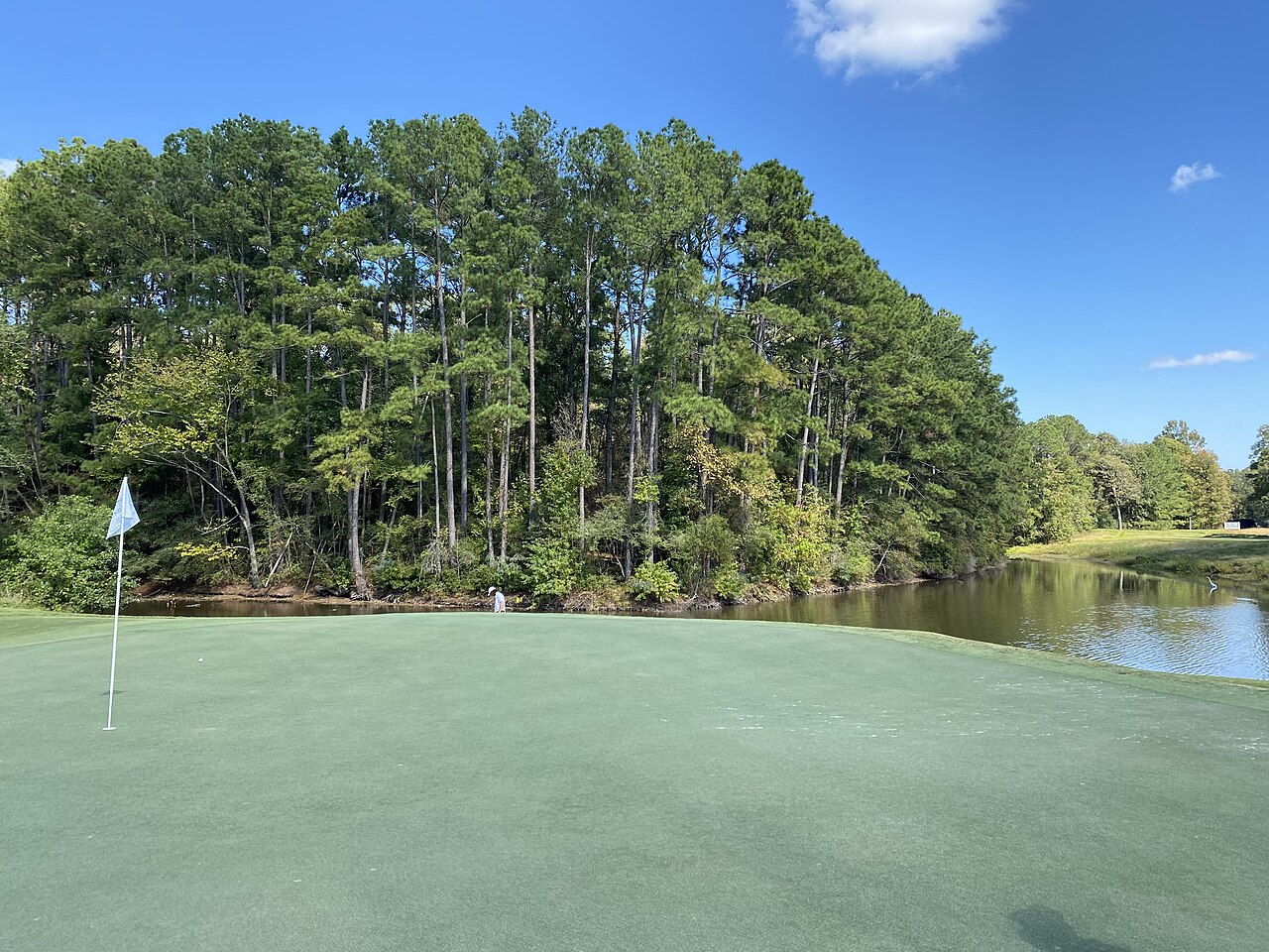 A green framed by tall East Texas pines and a lake cove at Whispering Pines Golf Club in Trinity, Texas